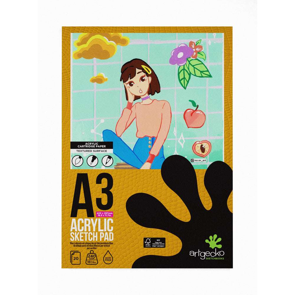 Artgecko Pro Acrylic Sketchpad A3 20 Sheets 240gsm White Paper